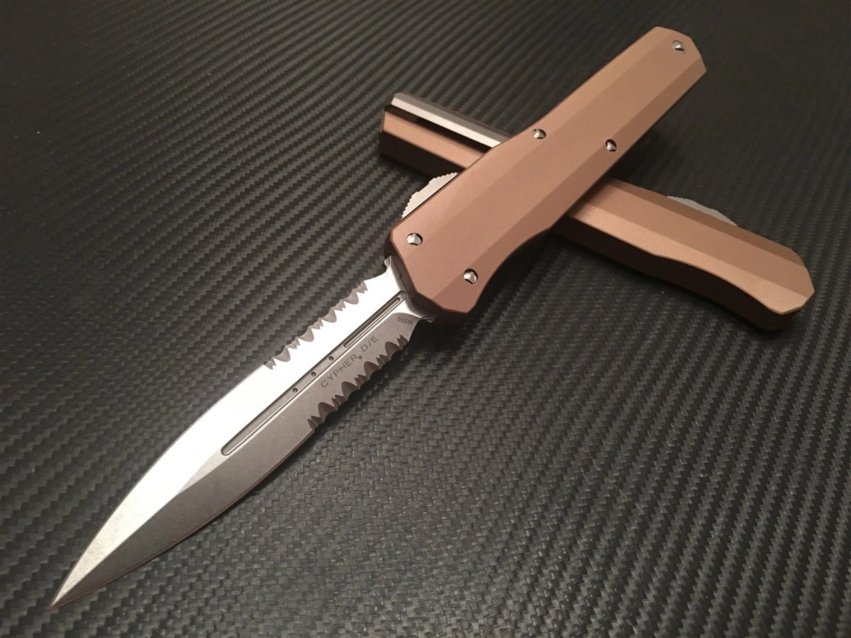 Microtech Cypher Double Edge Stonewashed Part Serrated Tan 3 Microtech Cypher Double Edge Stonewashed Part Serrated Tan
