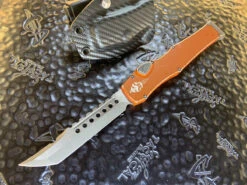Microtech HALO VI Hellhound Tanto Apocalyptic Standard Distressed Orange Signature Series