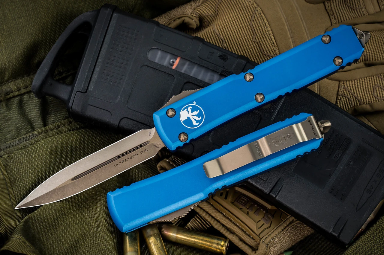 Microtech Ultratech OTF Automatic Knife Blue 3.4" Dagger Bronze 122-13BL 3 Microtech Ultratech OTF Automatic Knife Blue 3.4" Dagger Bronze 122-13BL