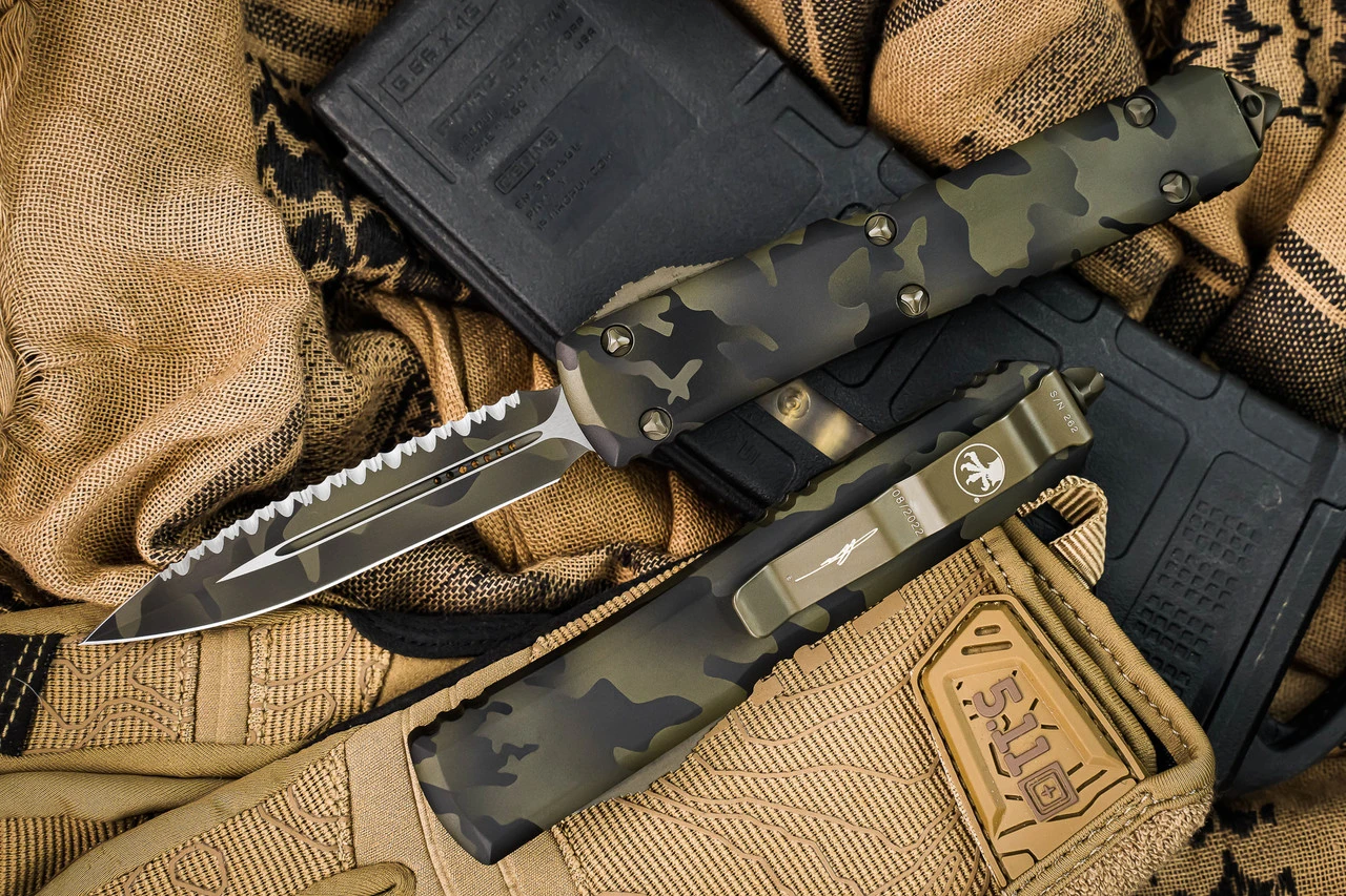 Microtech Ultratech OD Green Camo Cerakote OTF Automatic Knife 3.4" OD Camo Dagger Serrated 122-3OCS 3 Microtech Ultratech OD Green Camo Cerakote OTF Automatic Knife 3.4" OD Camo Dagger Serrated 122-3OCS