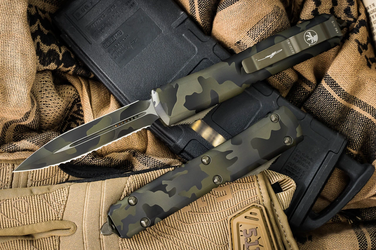 Microtech Ultratech OD Green Camo Cerakote OTF Automatic Knife 3.4" OD Camo Dagger Serrated 122-3OCS 4 Microtech Ultratech OD Green Camo Cerakote OTF Automatic Knife 3.4" OD Camo Dagger Serrated 122-3OCS - Image 2