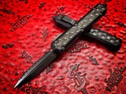 Microtech MAKORA Double Edge Shadow DLC, Full Serrated, DLC Bubble Inlay Signature Series OTF Knife