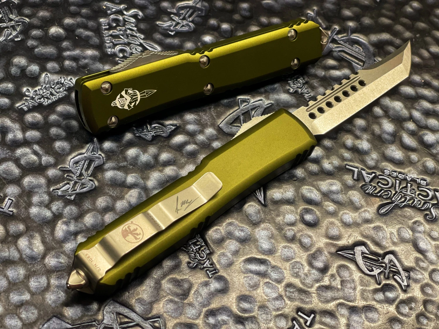 Microtech Ultratech Hellhound Stonewashed Standard OD Green Signature Series Off Automatic Knife 4 Microtech Ultratech Hellhound Stonewashed Standard OD Green Signature Series Off Automatic Knife - Image 2