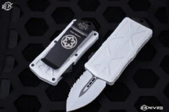 Microtech Exocet "Storm Trooper" OTF Automatic Knife/Money Clip 1.9" White Dagger Serrated 157-3ST