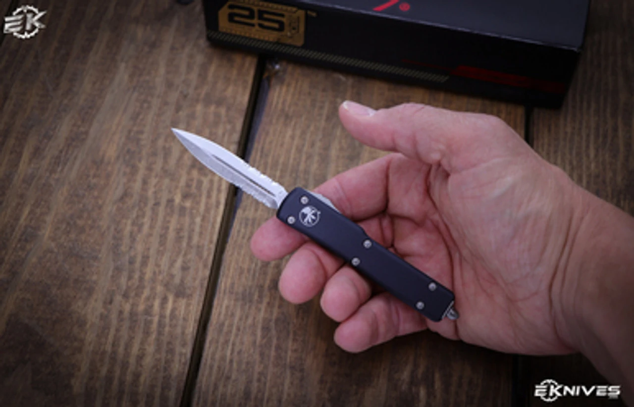 Microtech UTX-70 OTF Automatic Knife 2.4" Dagger Stonewash Serrated 147-11 4 Microtech UTX-70 OTF Automatic Knife 2.4" Dagger Stonewash Serrated 147-11 - Image 2